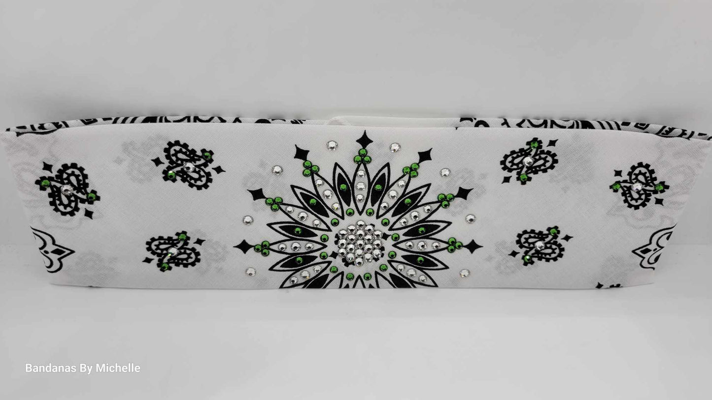 White Paisley Bandana with Dark Green and Diamond Clear Austrian Crystals (Sku2018)