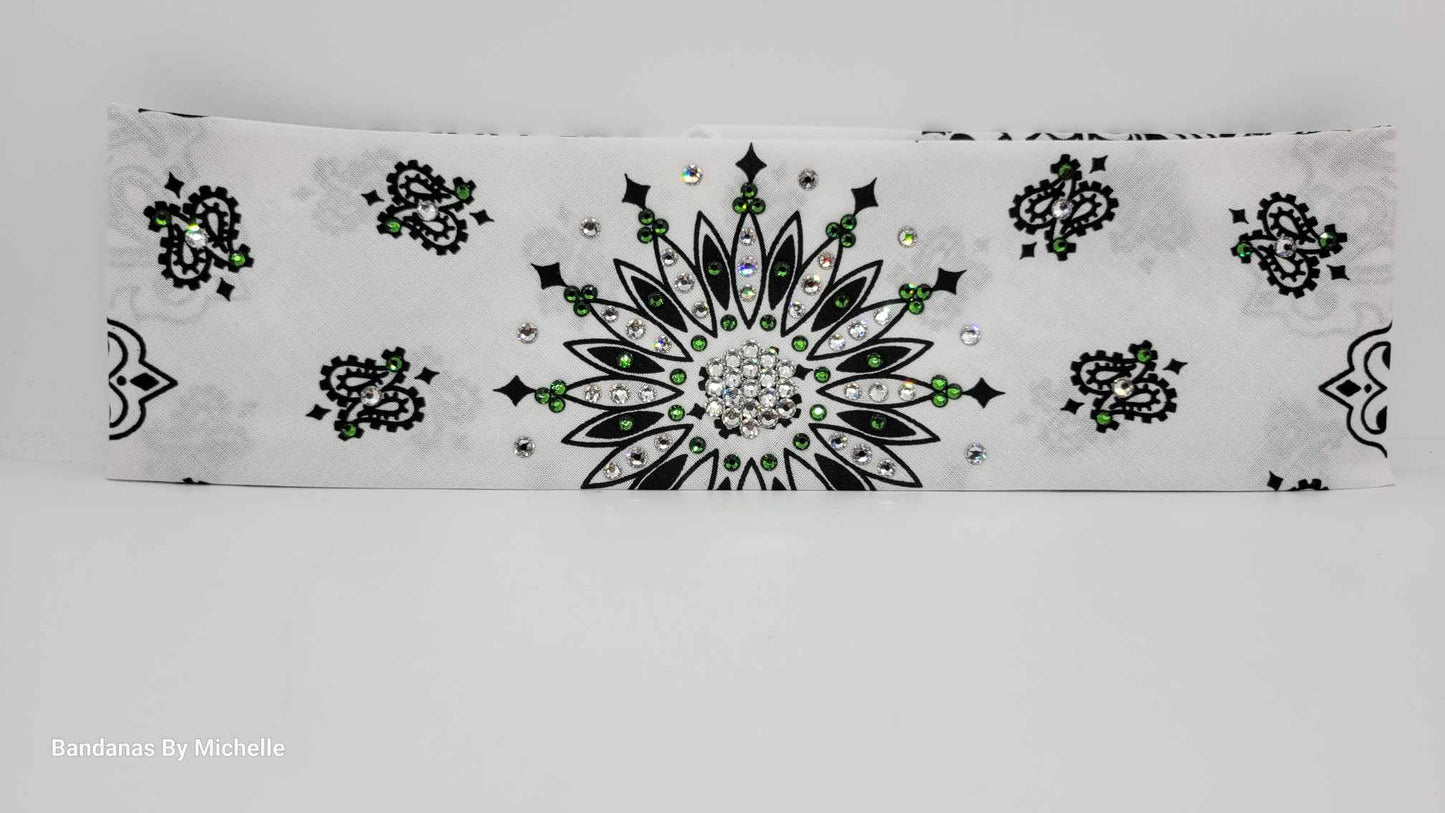 White Paisley Bandana with Dark Green and Diamond Clear Austrian Crystals (Sku2018)