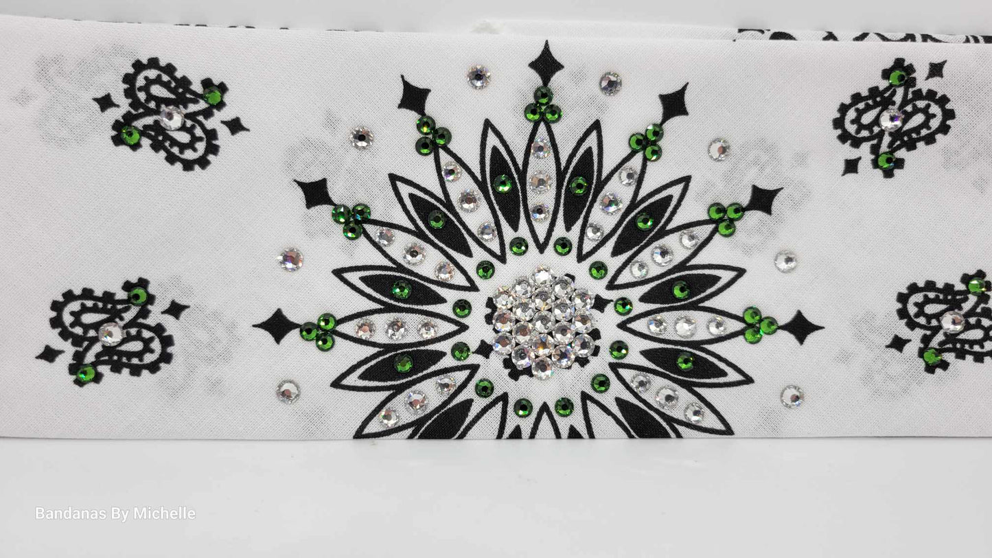White Paisley Bandana with Dark Green and Diamond Clear Austrian Crystals (Sku2018)