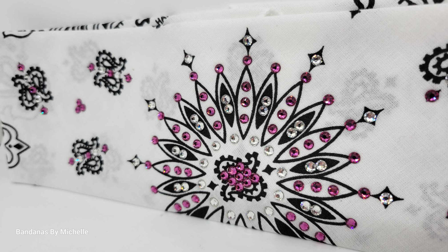White Paisley Bandana with Fuchsia and Diamond Clear Austrian Crystals (Sku2019)