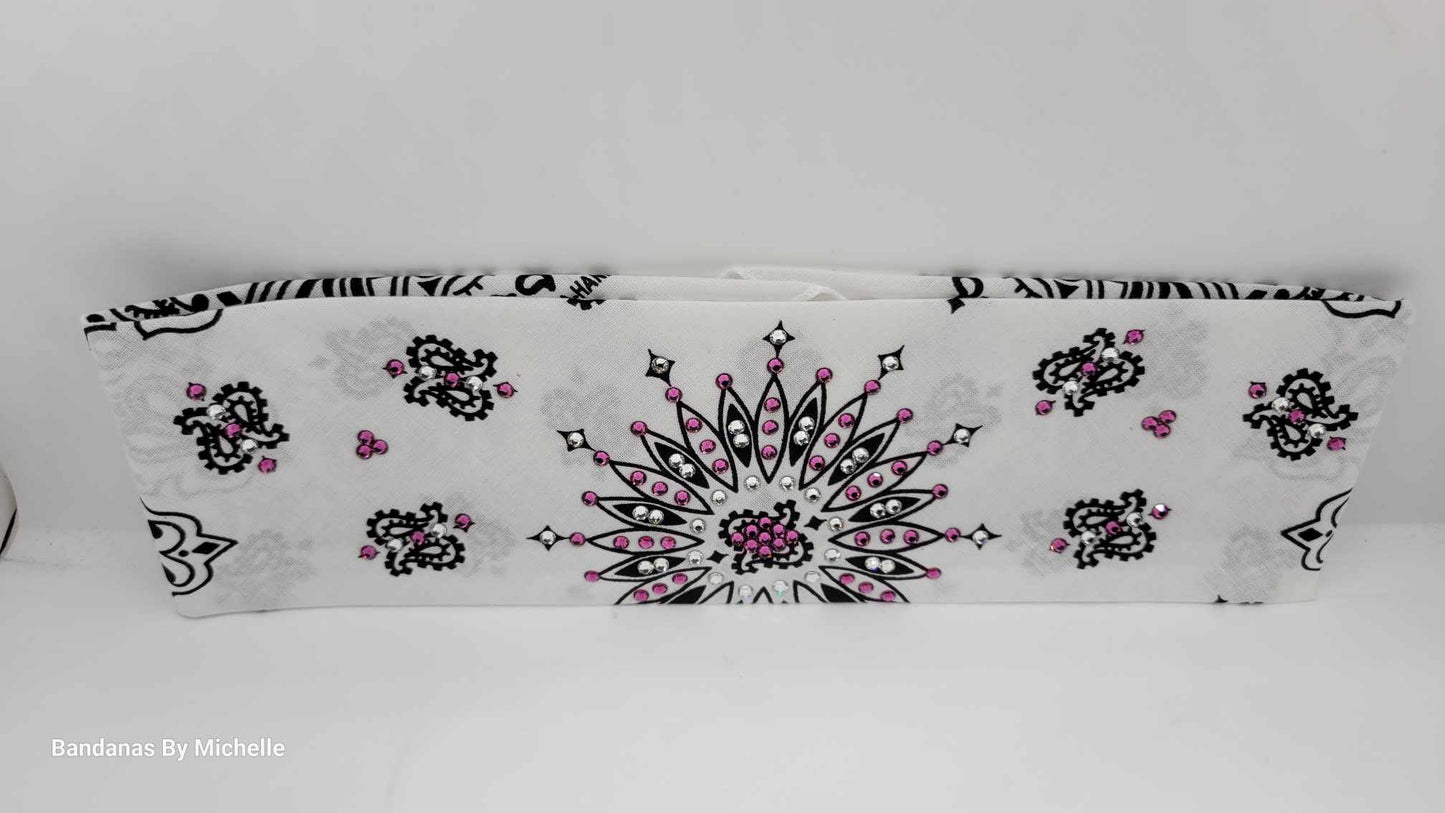 White Paisley Bandana with Fuchsia and Diamond Clear Austrian Crystals (Sku2019)