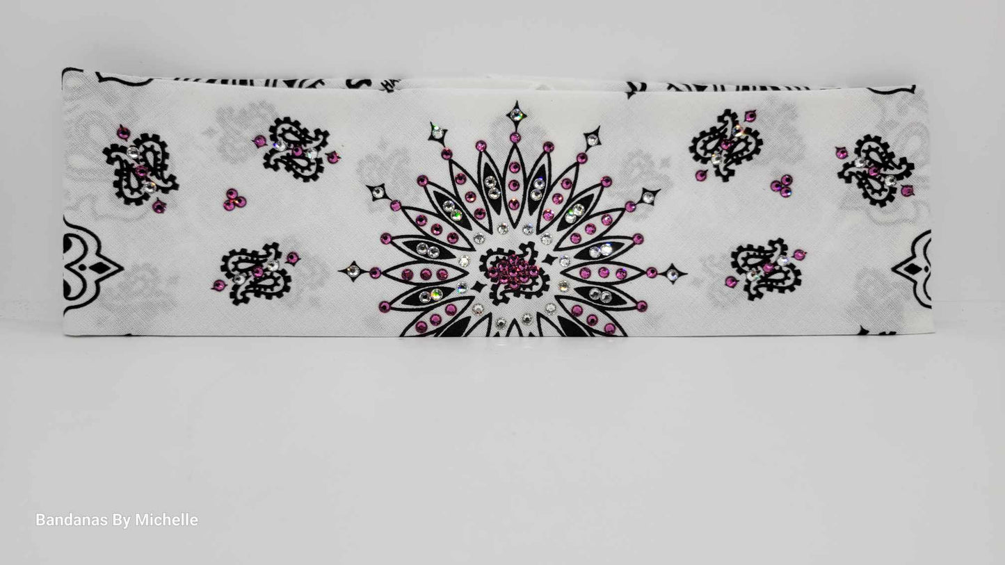 White Paisley Bandana with Fuchsia and Diamond Clear Austrian Crystals (Sku2019)