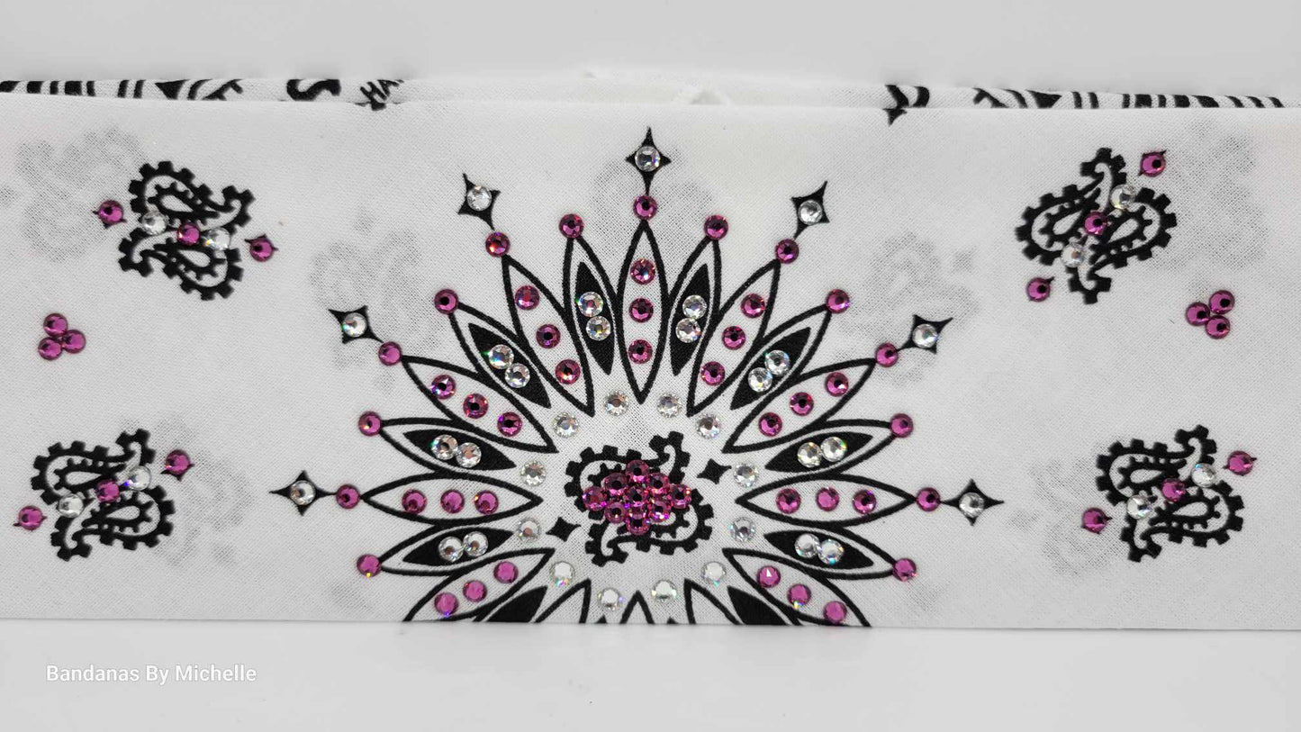 White Paisley Bandana with Fuchsia and Diamond Clear Austrian Crystals (Sku2019)