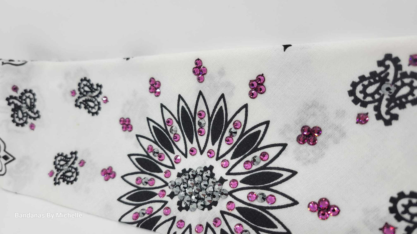 White Paisley Bandana with Black and Fuchsia Austrian Crystals (Sku2020)
