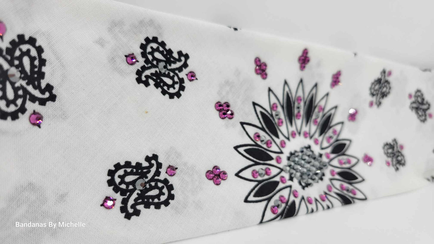 White Paisley Bandana with Black and Fuchsia Austrian Crystals (Sku2020)