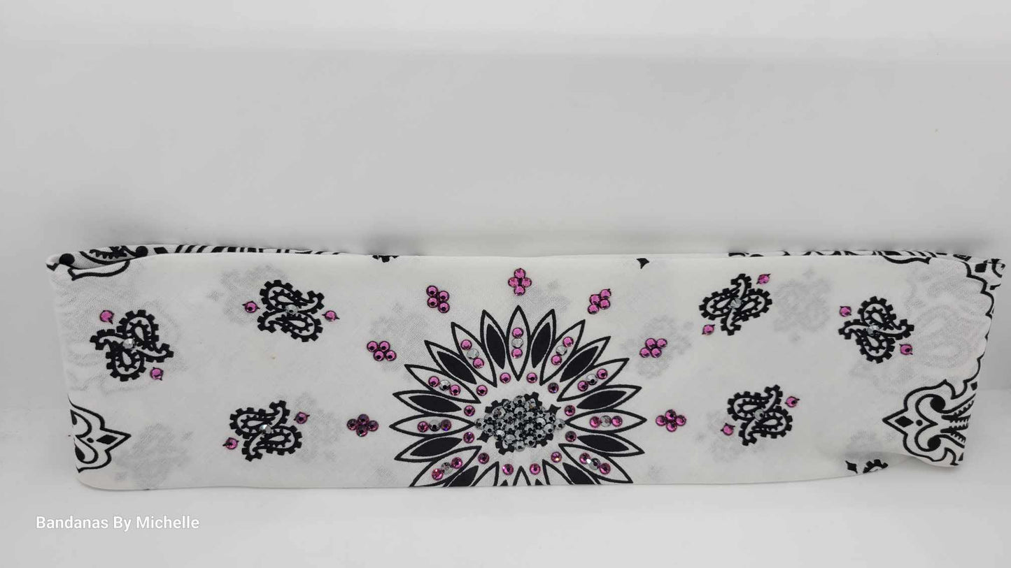 White Paisley Bandana with Black and Fuchsia Austrian Crystals (Sku2020)