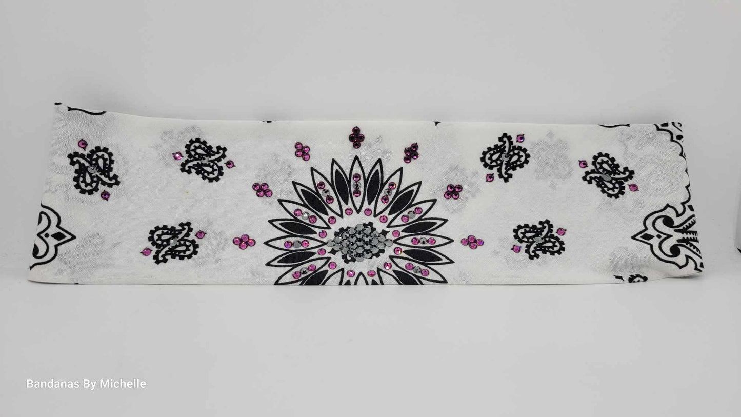 White Paisley Bandana with Black and Fuchsia Austrian Crystals (Sku2020)