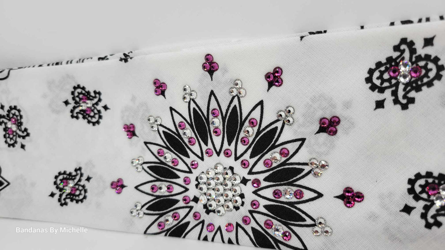 White Paisley Bandana with Fuchsia and Diamond Clear Austrian Crystals (Sku2021)