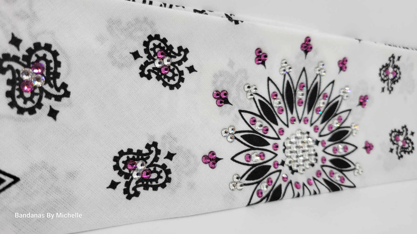 White Paisley Bandana with Fuchsia and Diamond Clear Austrian Crystals (Sku2021)