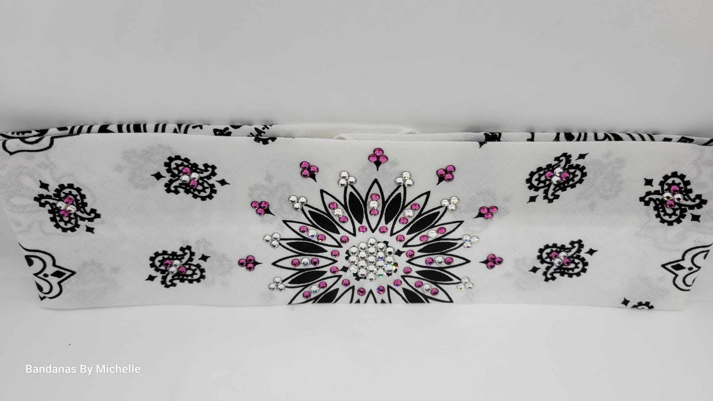 White Paisley Bandana with Fuchsia and Diamond Clear Austrian Crystals (Sku2021)