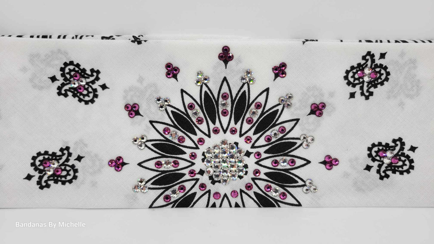 White Paisley Bandana with Fuchsia and Diamond Clear Austrian Crystals (Sku2021)