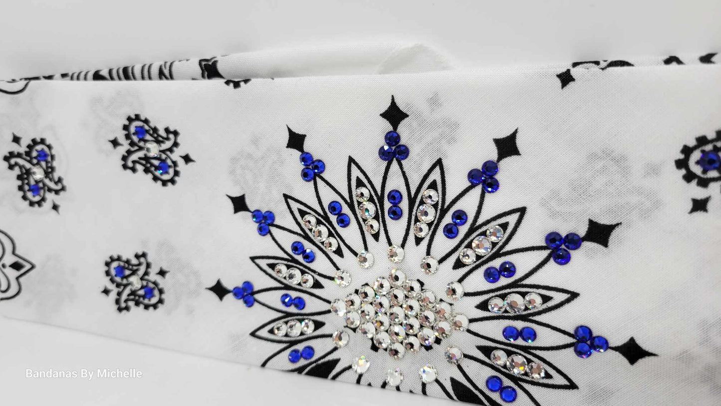White Paisley Bandana with Blue and Diamond Clear Austrian Crystals (Sku2022)