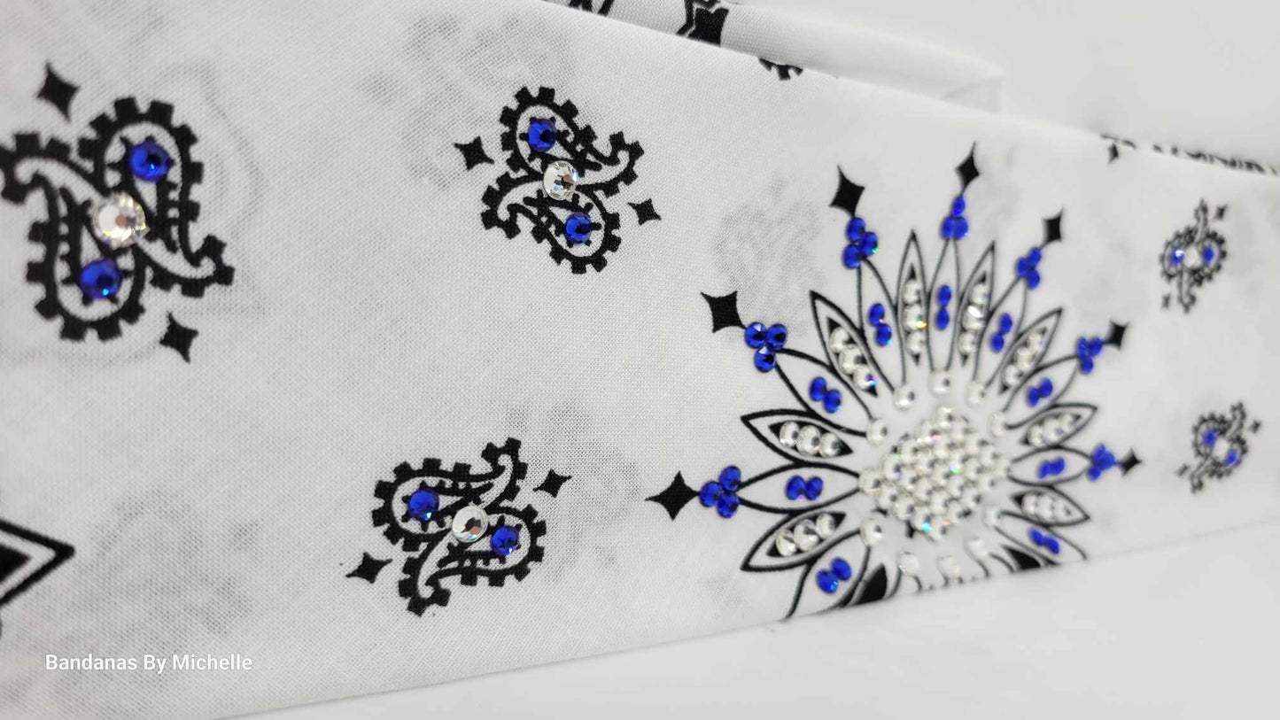 White Paisley Bandana with Blue and Diamond Clear Austrian Crystals (Sku2022)