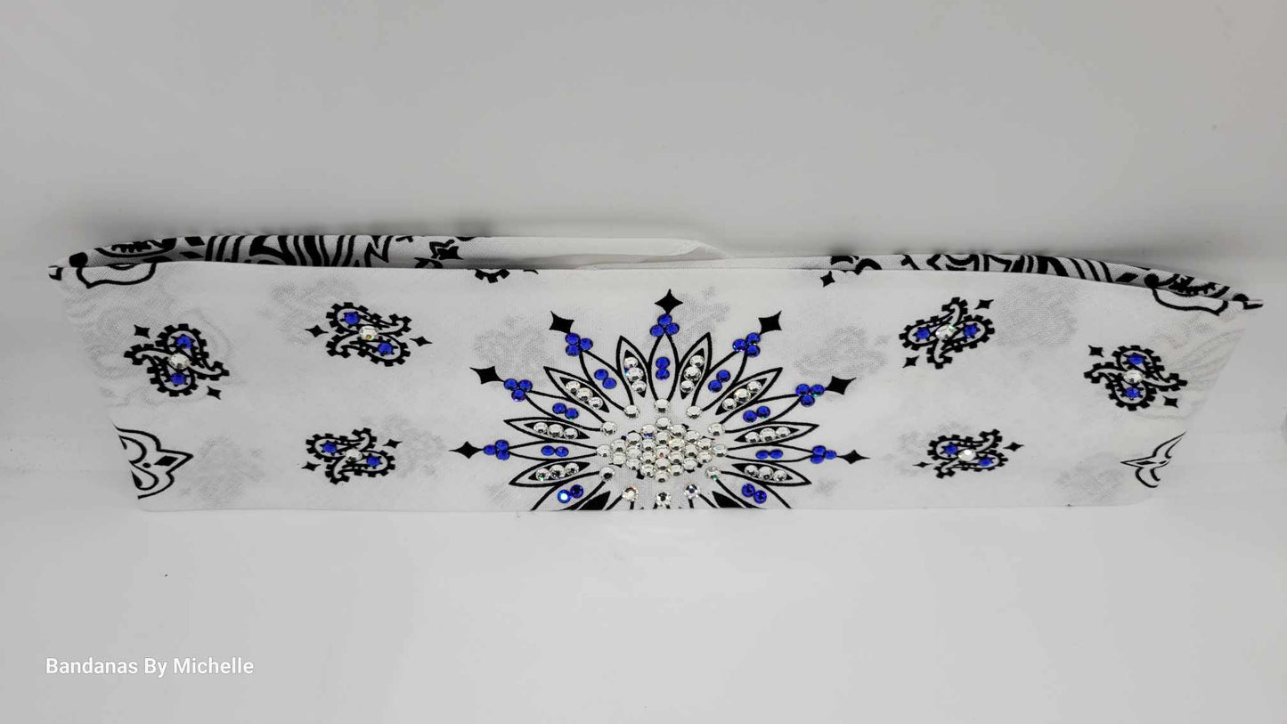 White Paisley Bandana with Blue and Diamond Clear Austrian Crystals (Sku2022)