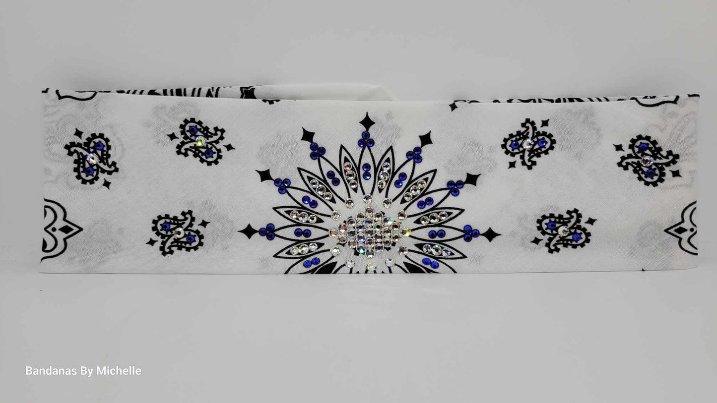 White Paisley Bandana with Blue and Diamond Clear Austrian Crystals (Sku2022)