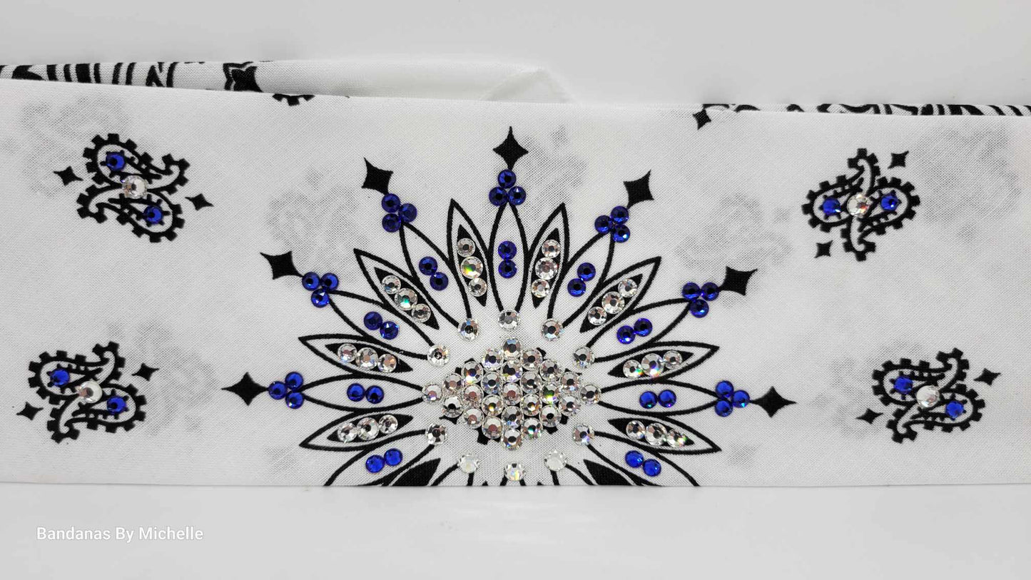 White Paisley Bandana with Blue and Diamond Clear Austrian Crystals (Sku2022)
