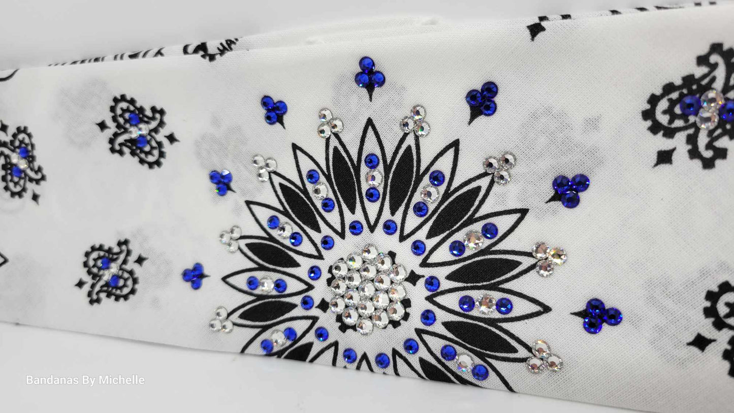 White Paisley Bandana with Blue and Diamond Clear Austrian Crystals (Sku2023)