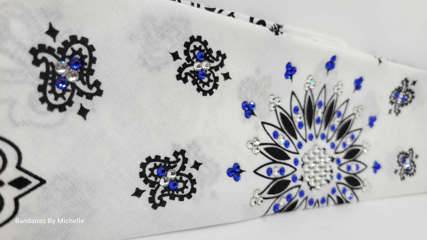 White Paisley Bandana with Blue and Diamond Clear Austrian Crystals (Sku2023)