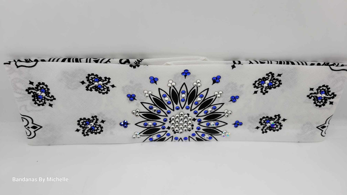 White Paisley Bandana with Blue and Diamond Clear Austrian Crystals (Sku2023)