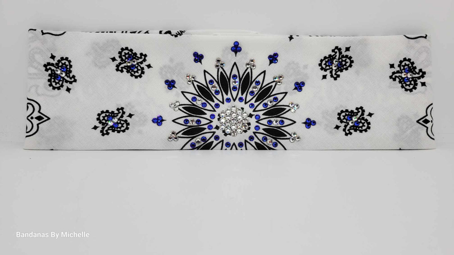 White Paisley Bandana with Blue and Diamond Clear Austrian Crystals (Sku2023)