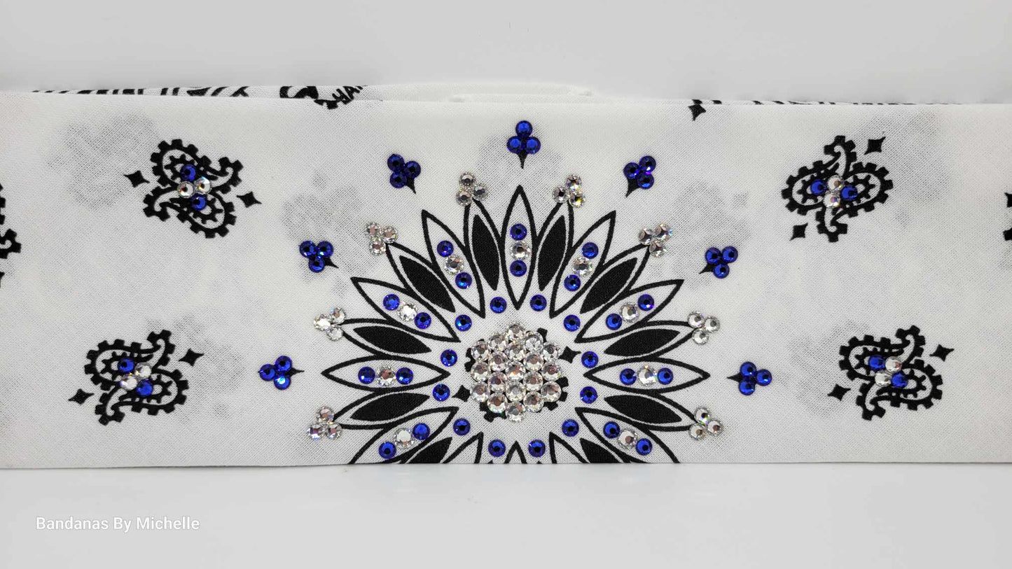 White Paisley Bandana with Blue and Diamond Clear Austrian Crystals (Sku2023)