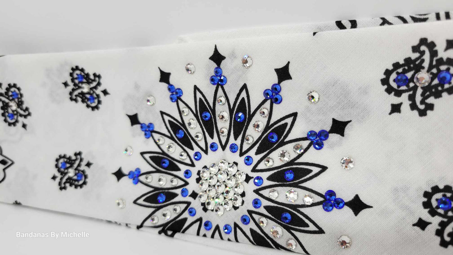 White Paisley Bandana with Blue and Diamond Clear Austrian Crystals (Sku2025)