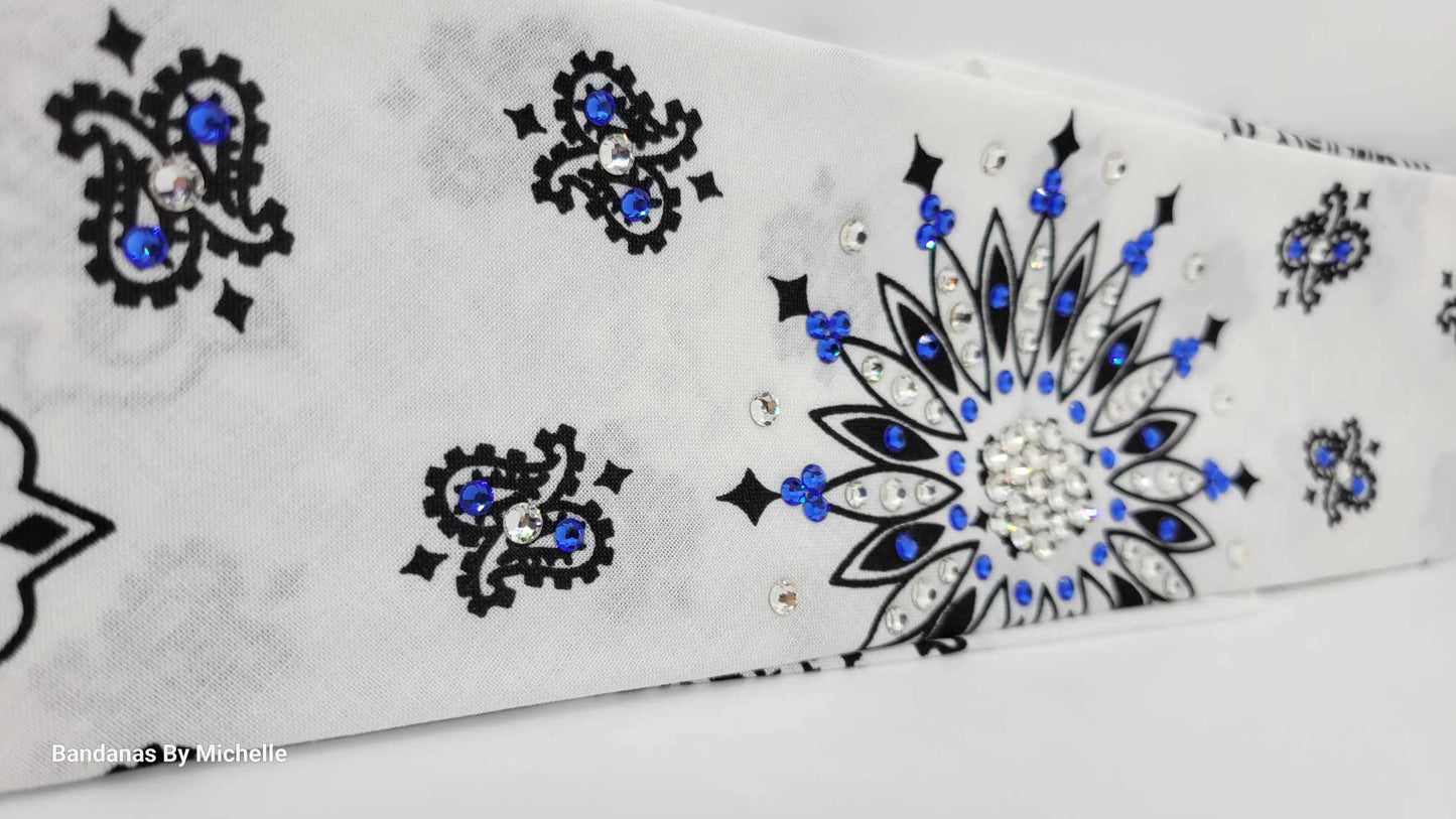 White Paisley Bandana with Blue and Diamond Clear Austrian Crystals (Sku2025)
