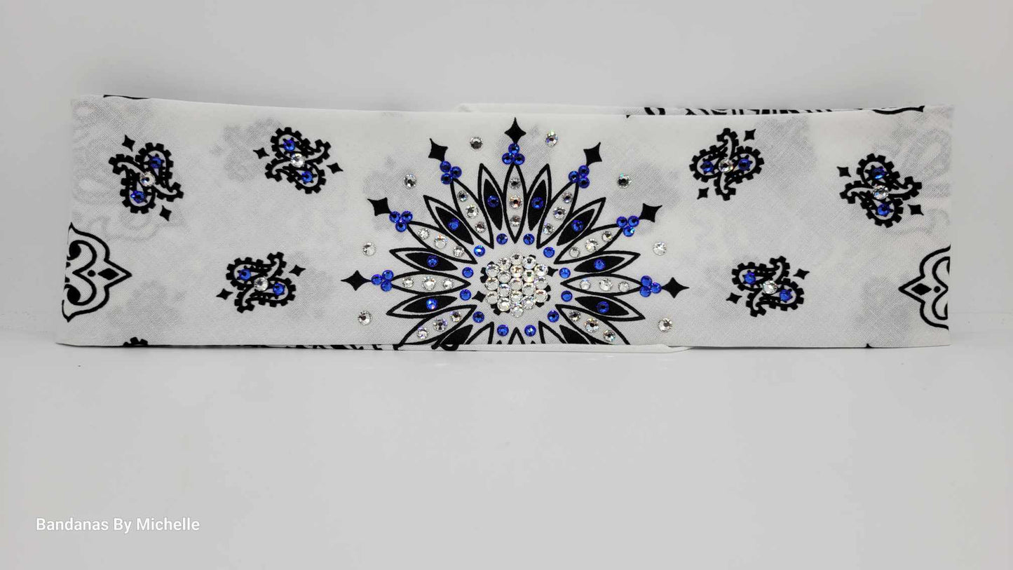 White Paisley Bandana with Blue and Diamond Clear Austrian Crystals (Sku2025)