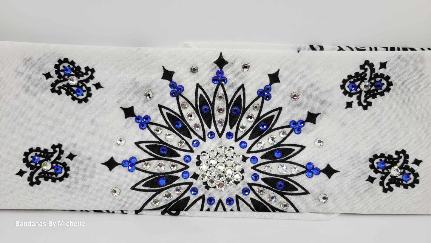 White Paisley Bandana with Blue and Diamond Clear Austrian Crystals (Sku2025)