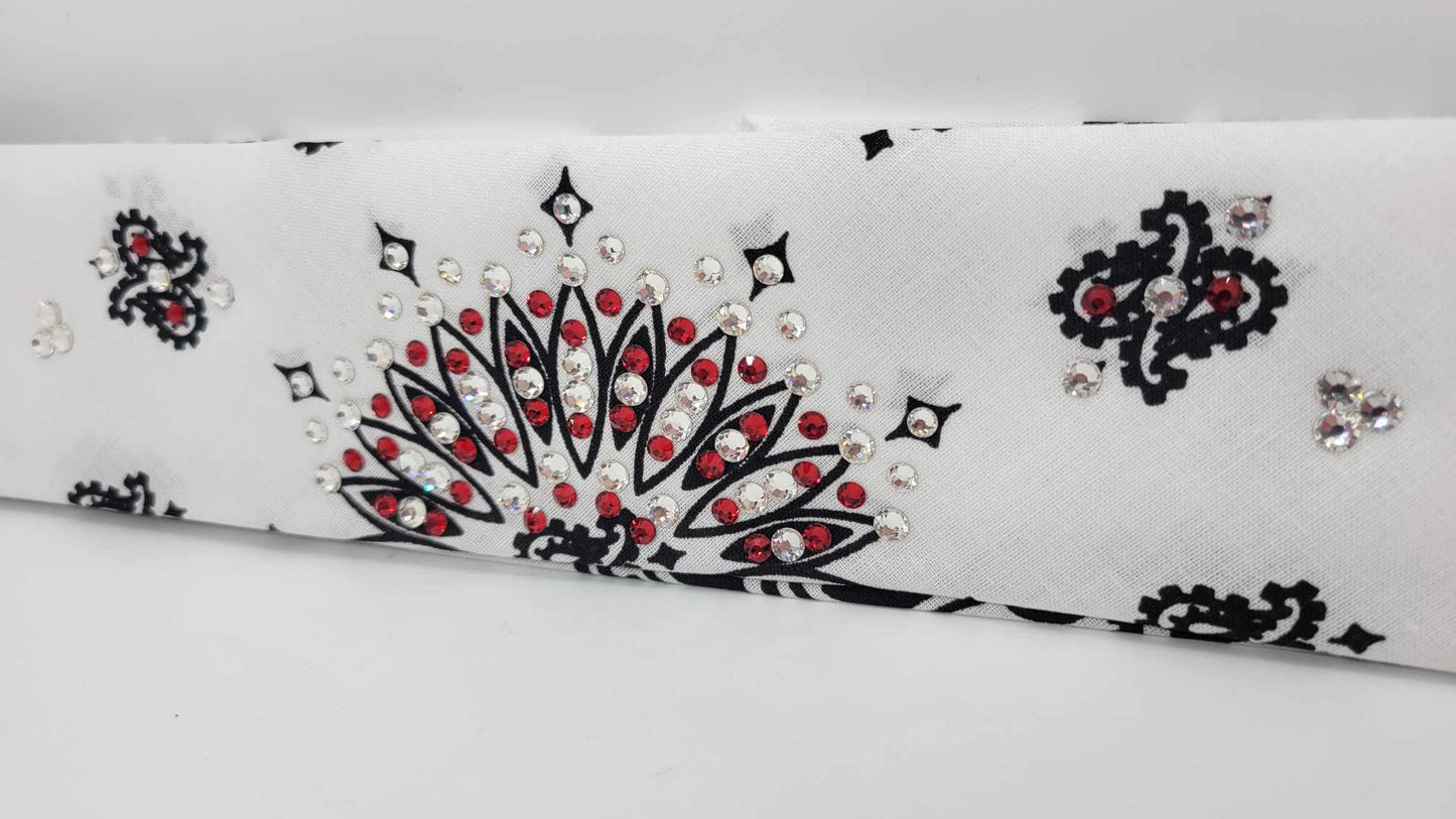 Narrow White Paisley Bandana with Red and Diamond Clear Austrian Crystals (Sku2030)