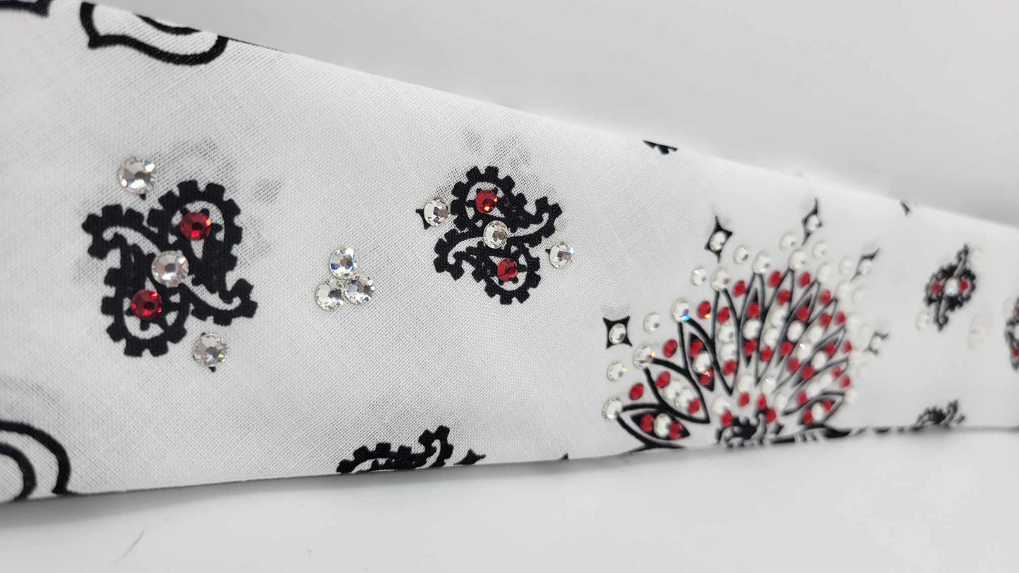 Narrow White Paisley Bandana with Red and Diamond Clear Austrian Crystals (Sku2030)