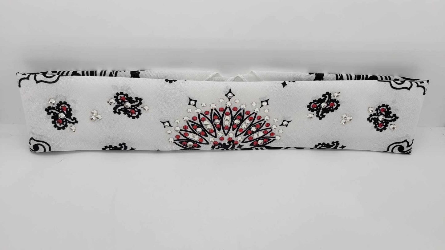 Narrow White Paisley Bandana with Red and Diamond Clear Austrian Crystals (Sku2030)
