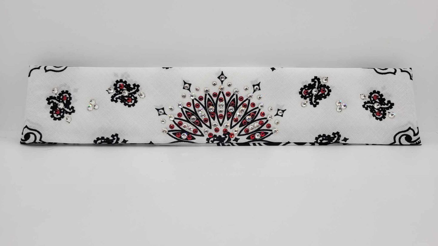 Narrow White Paisley Bandana with Red and Diamond Clear Austrian Crystals (Sku2030)