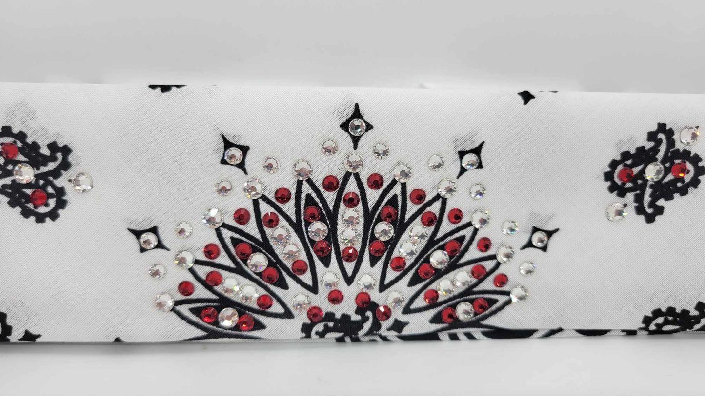 Narrow White Paisley Bandana with Red and Diamond Clear Austrian Crystals (Sku2030)