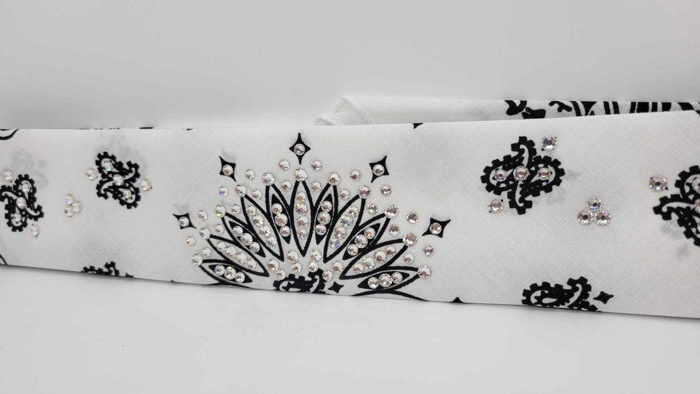 Narrow White Paisley Bandana with Diamond Clear Austrian Crystals (Sku2031)