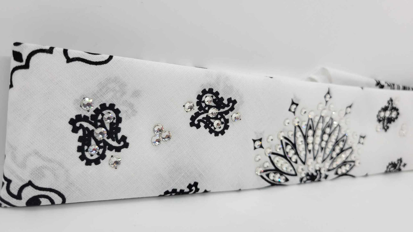 Narrow White Paisley Bandana with Diamond Clear Austrian Crystals (Sku2031)