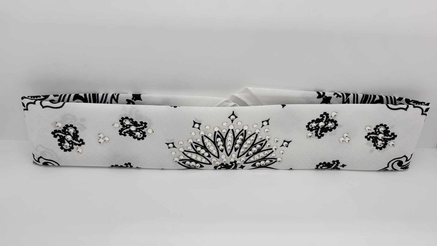 Narrow White Paisley Bandana with Diamond Clear Austrian Crystals (Sku2031)