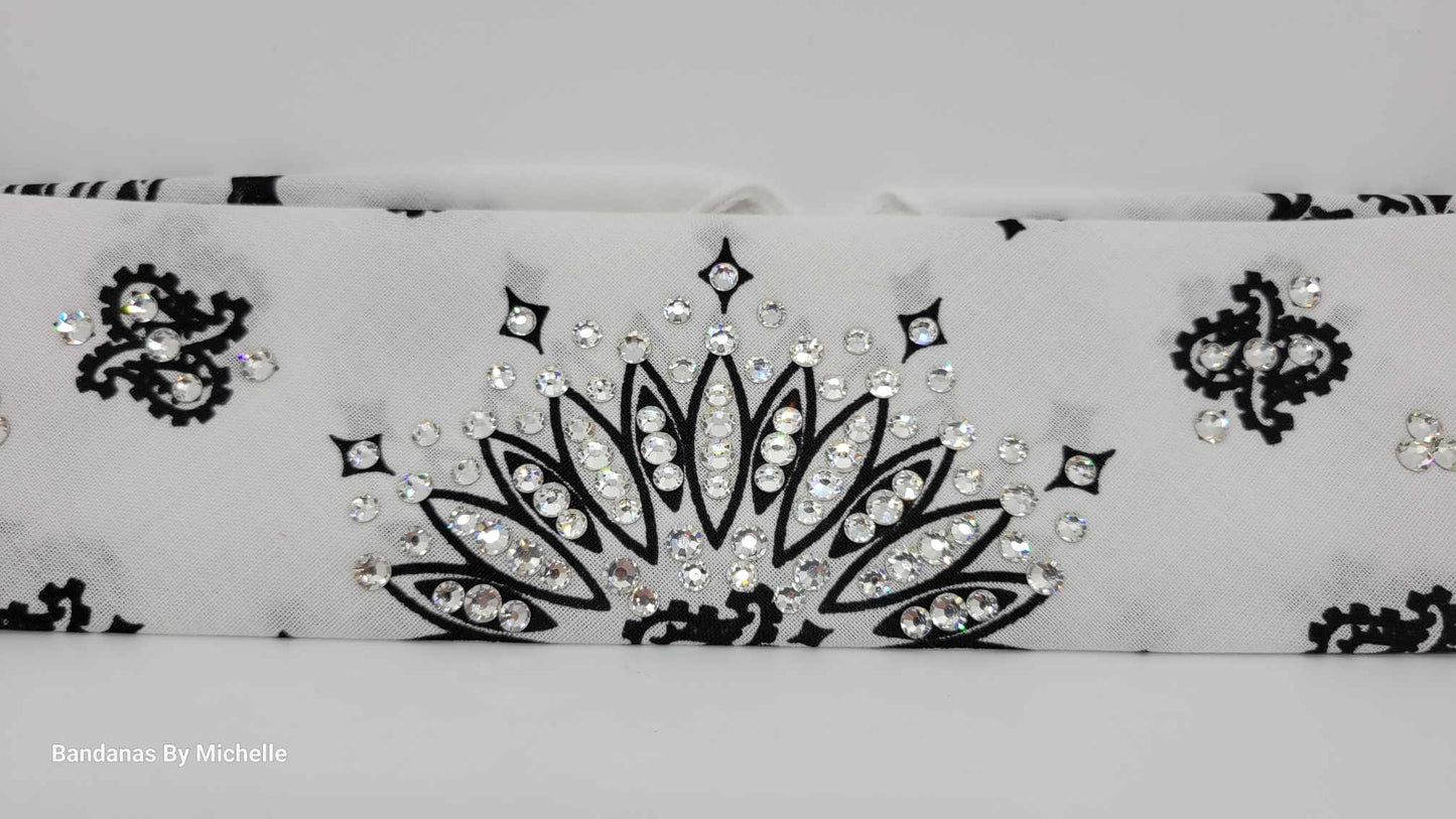 Narrow White Paisley Bandana with Diamond Clear Austrian Crystals (Sku2031)
