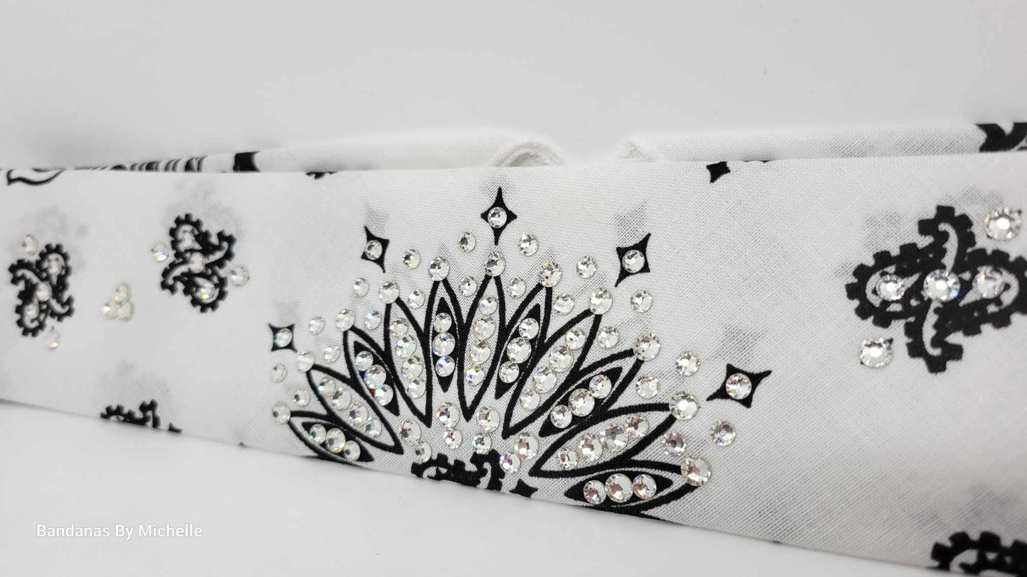 Narrow White Paisley Bandana with Diamond Clear Austrian Crystals (Sku2031)