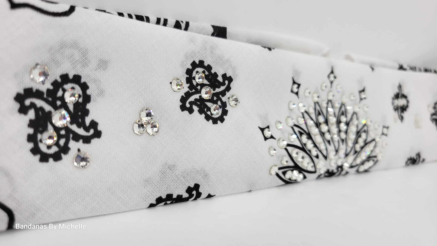 Narrow White Paisley Bandana with Diamond Clear Austrian Crystals (Sku2031)