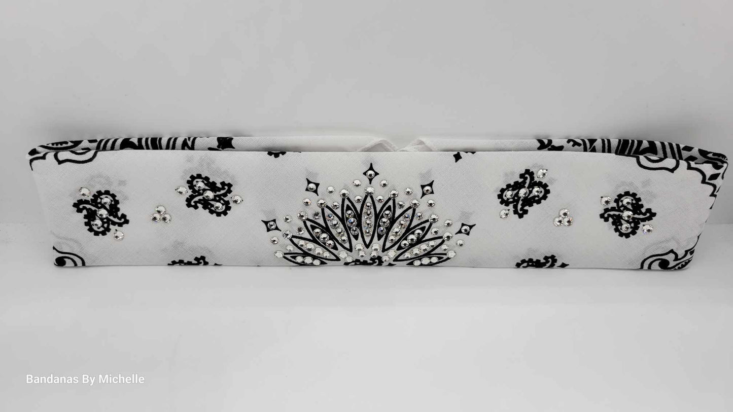 Narrow White Paisley Bandana with Diamond Clear Austrian Crystals (Sku2031)