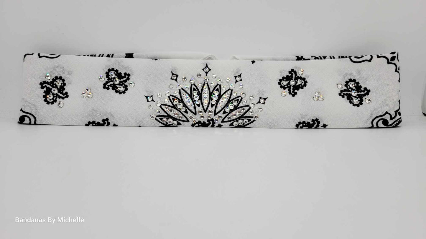Narrow White Paisley Bandana with Diamond Clear Austrian Crystals (Sku2031)