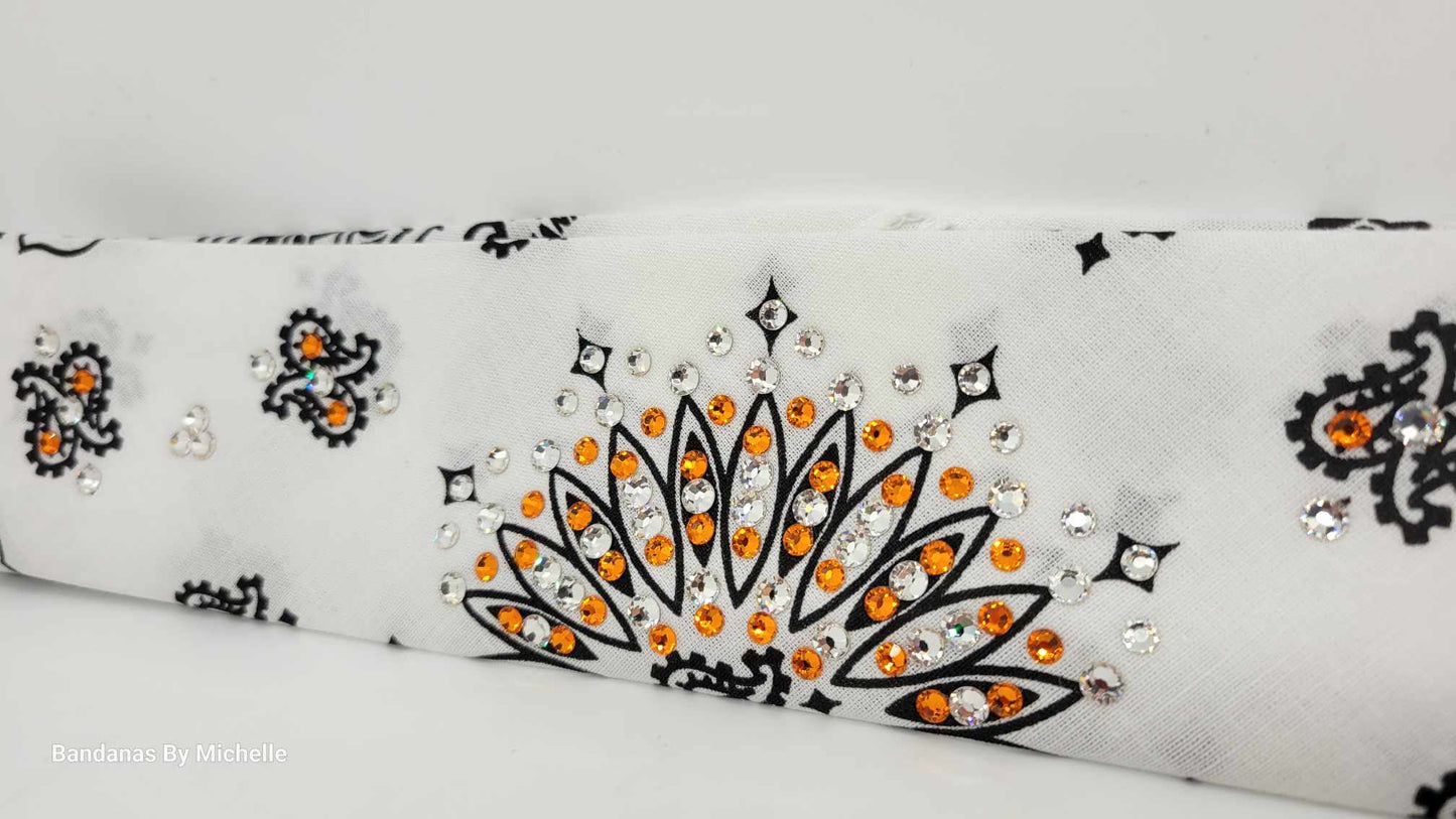 Narrow White Paisley Bandana with Orange and Clear Austrian Crystals (Sku2032)