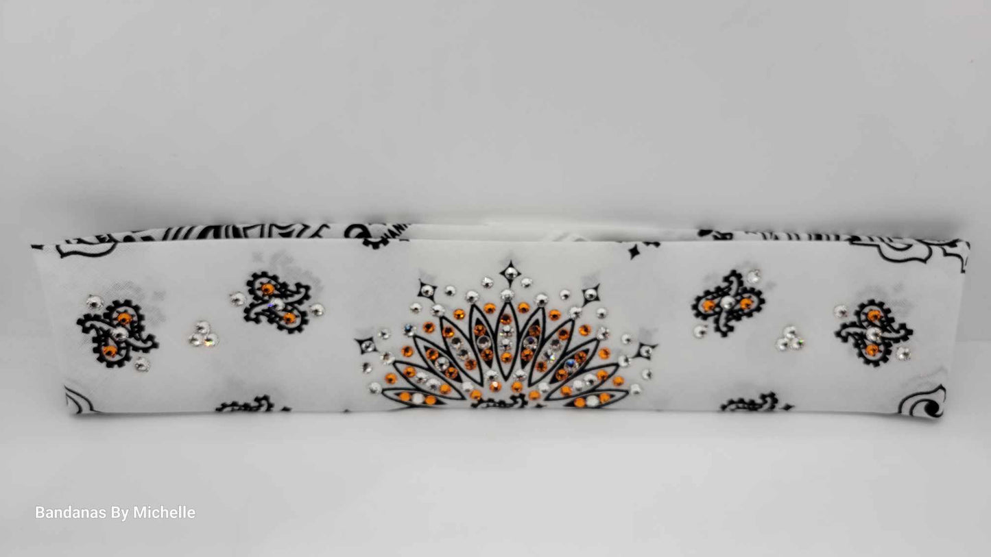 Narrow White Paisley Bandana with Orange and Clear Austrian Crystals (Sku2032)