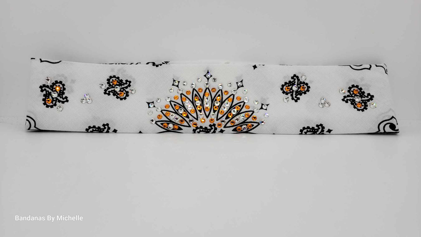 Narrow White Paisley Bandana with Orange and Clear Austrian Crystals (Sku2032)