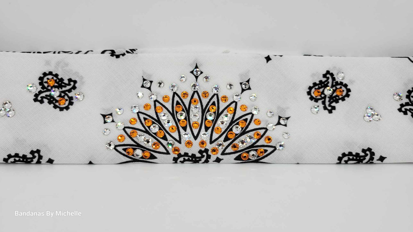 Narrow White Paisley Bandana with Orange and Clear Austrian Crystals (Sku2032)