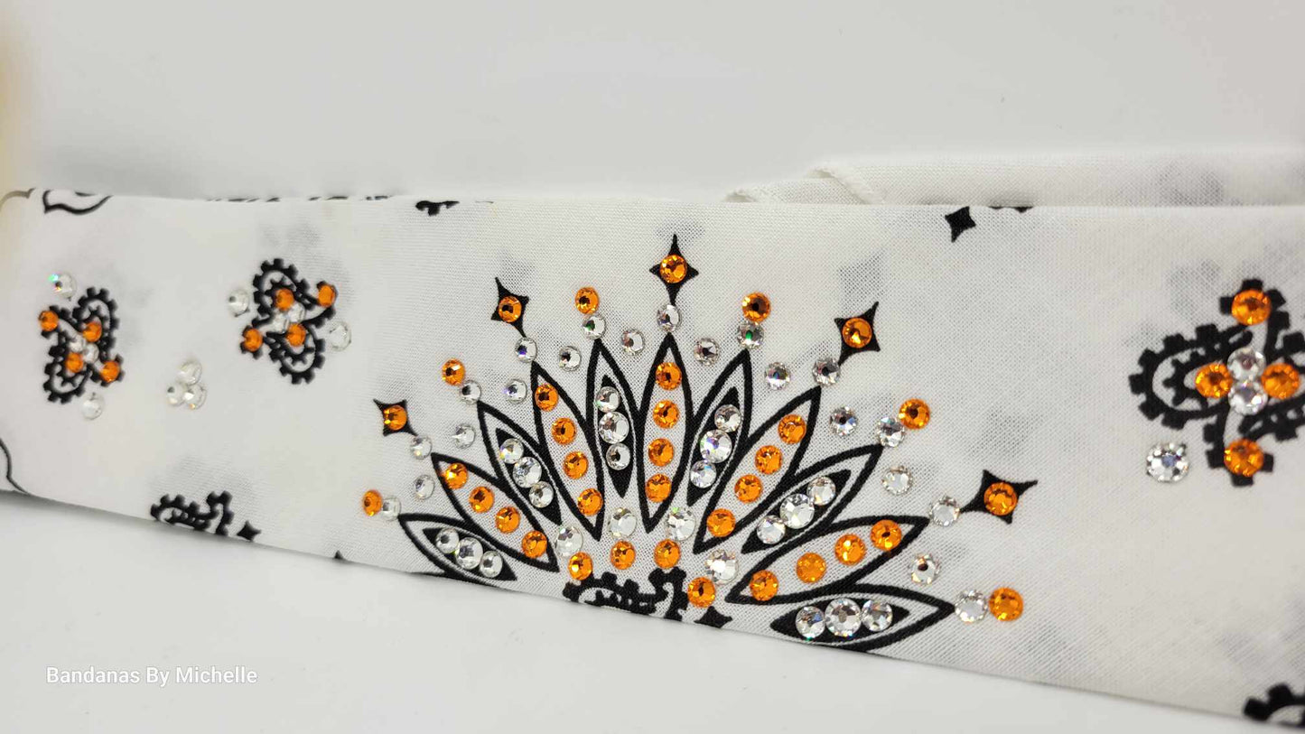 Narrow White Paisley Bandana with Orange and Diamond Clear Austrian Crystals (Sku2033)