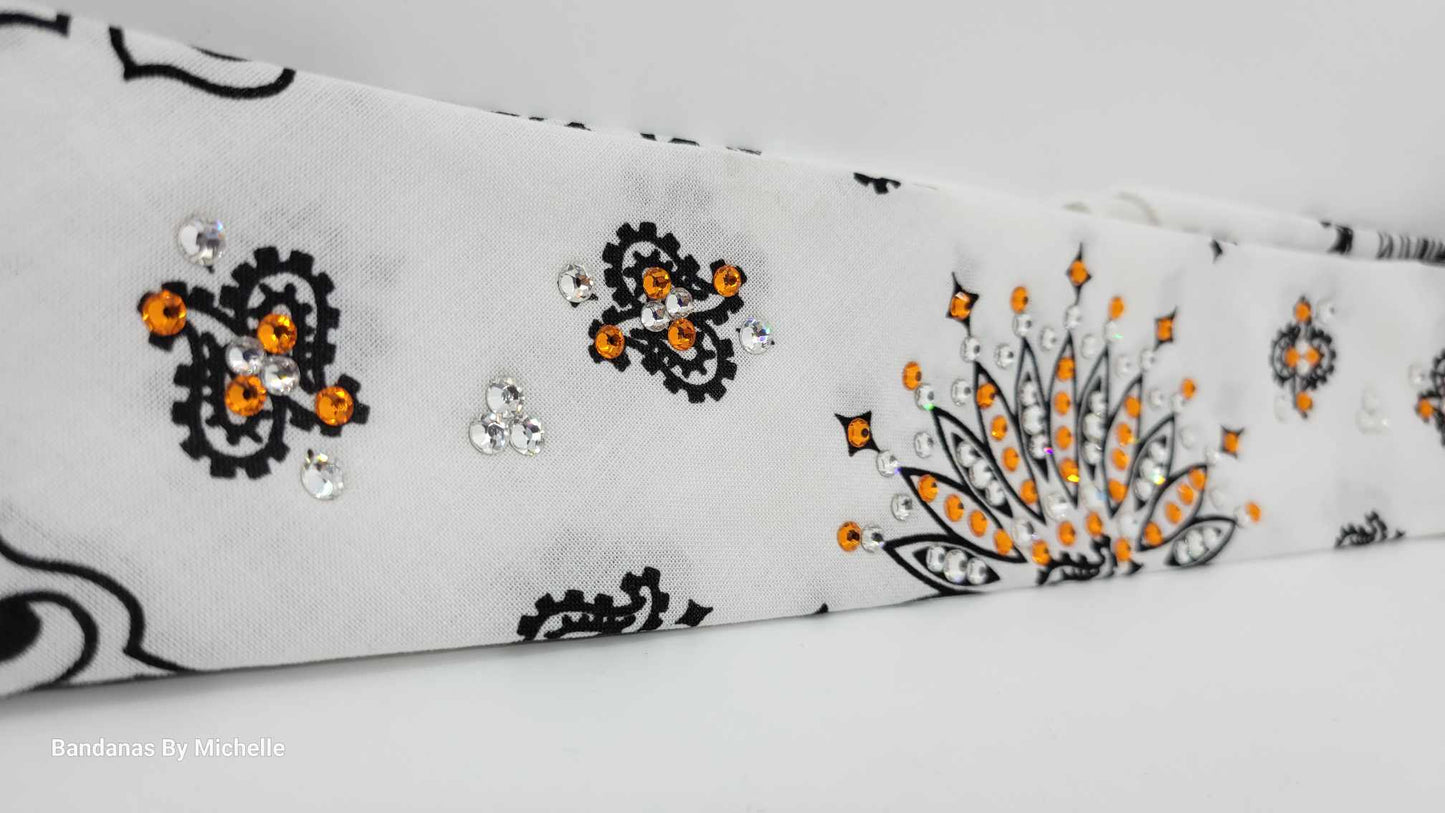 Narrow White Paisley Bandana with Orange and Diamond Clear Austrian Crystals (Sku2033)