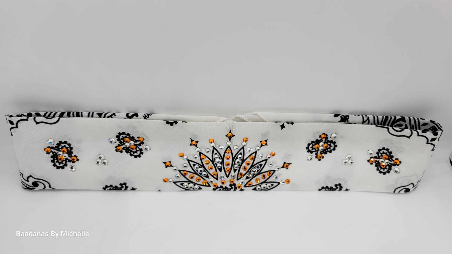 Narrow White Paisley Bandana with Orange and Diamond Clear Austrian Crystals (Sku2033)