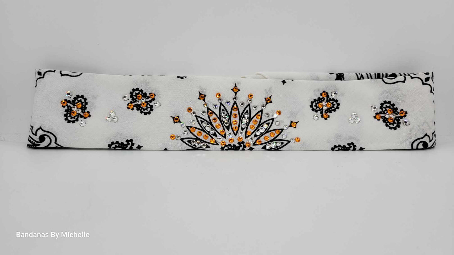Narrow White Paisley Bandana with Orange and Diamond Clear Austrian Crystals (Sku2033)
